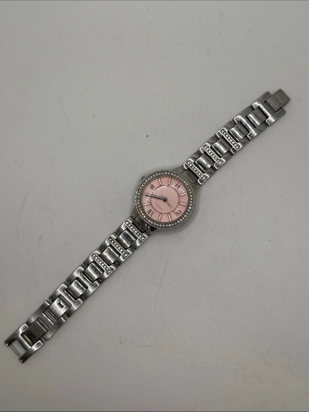 Fossil Virginia Stainless Steel 3 hand watch Pink Dial Crystals